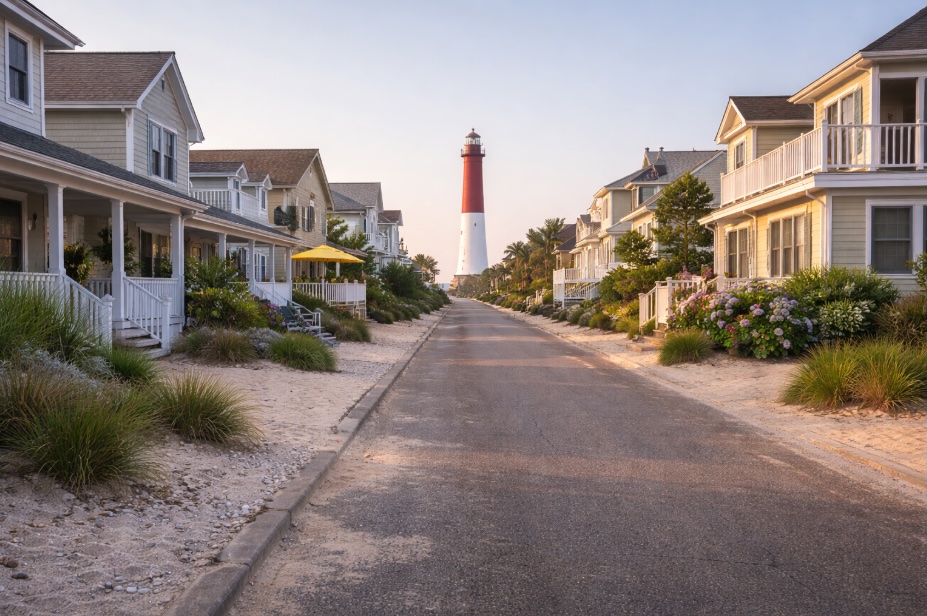 A quiet residential street on Long Beach Island, New Jersey, lined with modest coastal homes and sand-dusted sidewalks. In the distance, a red-and-white lighthouse rises against a clear early morning sky. The scene is calm and empty, with soft natural light and a peaceful off-season Jersey Shore atmosphere.