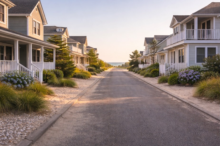 A quiet residential street on the Barnegat Peninsula in New Jersey, lined with modest coastal homes featuring clean siding and small porches. Sand edges the sidewalks, and soft morning light leads the view toward distant dunes and a glimpse of the ocean at the end of the block. The scene feels calm and empty, typical of an off-season day at the Jersey Shore.