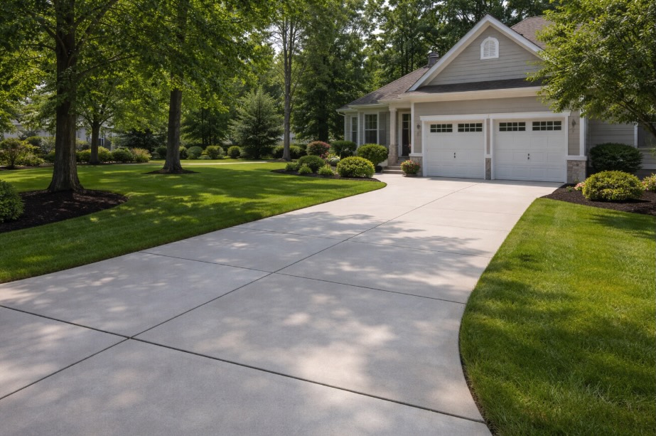 Clean, light gray concrete driveway and front walkway leading to a two-car garage at a well-kept single-family home in a suburban Toms River, New Jersey neighborhood, with green lawn and mature shade trees in natural daylight.