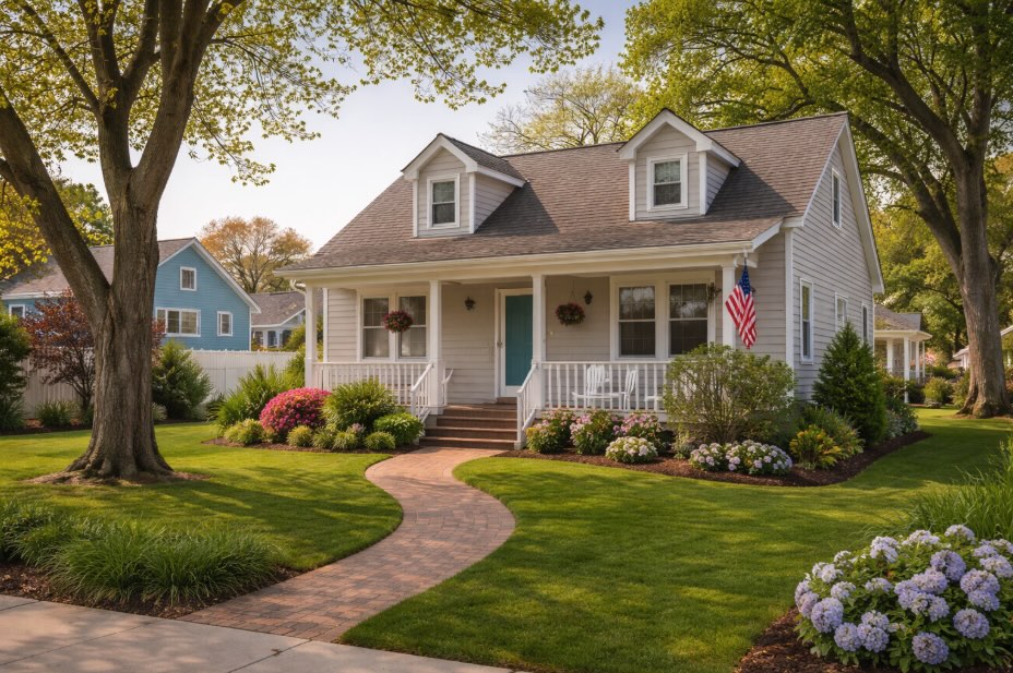 A modest single-family home in a quiet coastal New Jersey neighborhood during spring, featuring light vinyl siding, a small front porch, and a curved brick walkway leading through a neatly maintained green lawn. Mature trees provide shade, and simple landscaping with blooming flowers surrounds the house. The scene is calm and residential, with neighboring homes nearby and soft natural daylight typical of a Jersey Shore town.