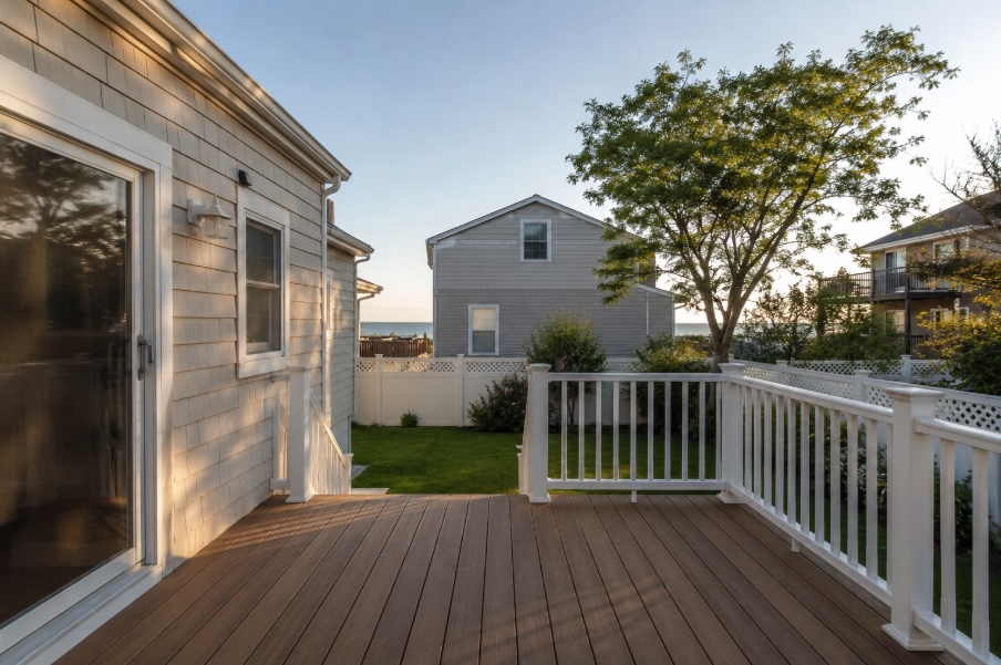 Clean wooden deck with white railings attached to a beige coastal home, overlooking a neatly kept fenced backyard with green grass, shrubs, and a tree. Soft morning sunlight and a clear sky create a calm late-spring Jersey Shore setting, with neighboring homes and a glimpse of the ocean in the distance.