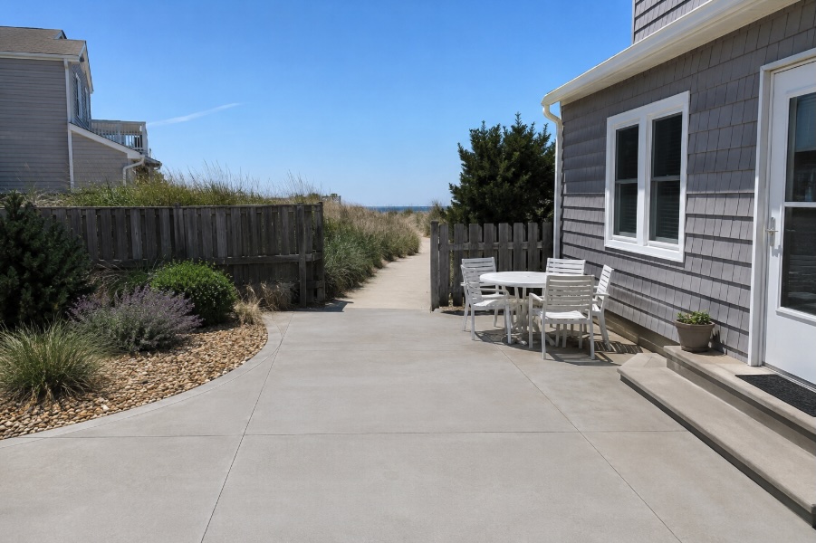 Clean, light gray concrete patio and walkway behind a modest coastal New Jersey home, with a small white patio table and chairs near the house, a low wooden fence and gate leading toward sandy dunes with tall beach grass, and a clear blue sky overhead.