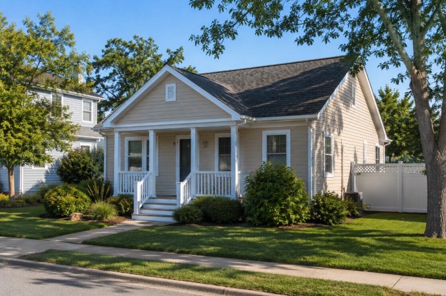 Front exterior of a modest coastal New Jersey home with clean light-colored vinyl siding and a small covered porch with white railings. A neatly maintained green lawn, low shrubs, and mature trees surround the home along a quiet residential street under soft morning light and a clear blue sky, creating a calm Jersey Shore neighborhood setting.