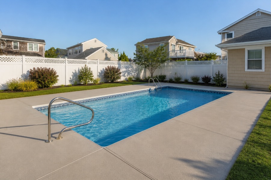 Clean light-gray concrete pool deck surrounding a clear in-ground swimming pool in a modest New Jersey backyard. A white fence encloses the space, with green grass and neatly trimmed shrubs along the edges. Soft afternoon sunlight and a clear sky create a calm, well-maintained Jersey Shore home setting.