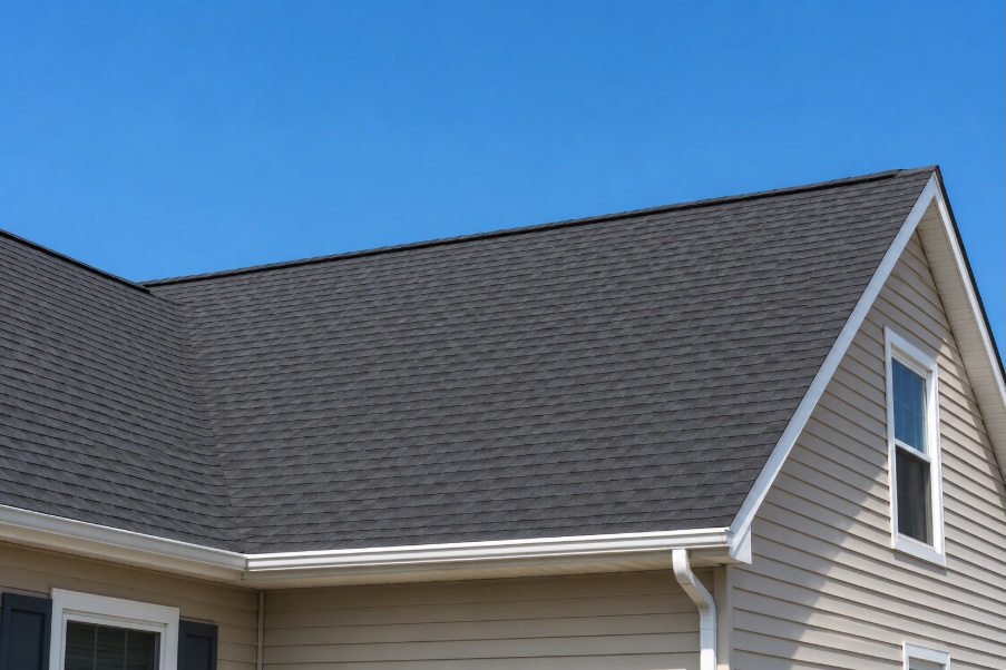 Clean dark gray asphalt shingle roof on a modest coastal New Jersey home, viewed from below against a clear blue sky. The shingles are uniform and free of staining, with a visible white gutter and light vinyl siding along the roofline, creating a neat, well-maintained Jersey Shore home appearance.