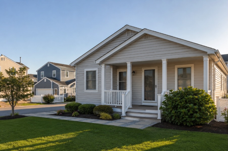 Modest coastal New Jersey home with light vinyl siding and a small front porch, set along a quiet residential street. A neatly trimmed green lawn and low shrubs frame the walkway, with soft morning sunlight and a clear sky creating a calm, well-kept Jersey Shore neighborhood scene.