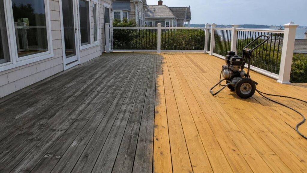 Before and after deck cleaning on a rental property deck ahead of tenant turnover.