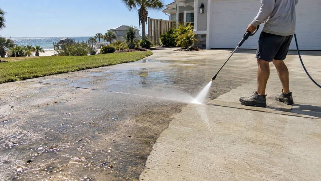 Pressure washing a sandy driveway near the beach in Point Pleasant Beach New Jersey