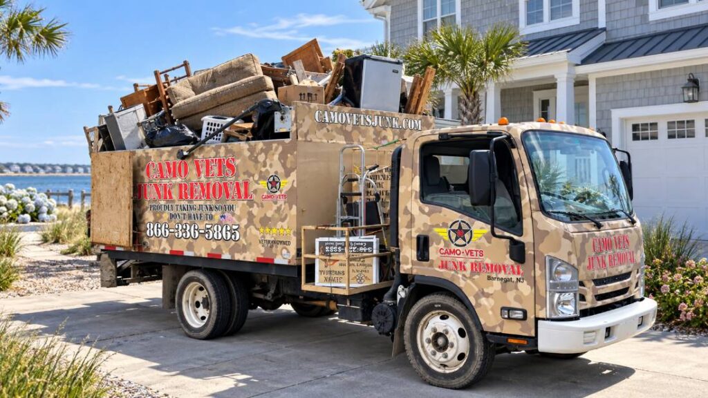 Junk removal truck loaded with furniture and debris outside a beach property in Point Pleasant Beach NJ