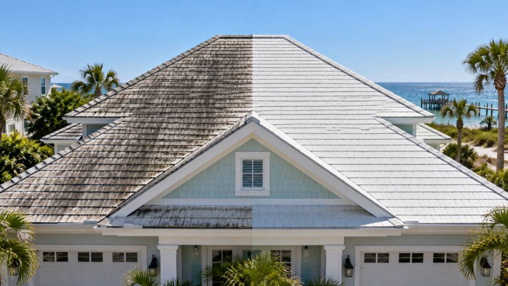 Before and after roof cleaning results on a coastal home in Point Pleasant Beach NJ
