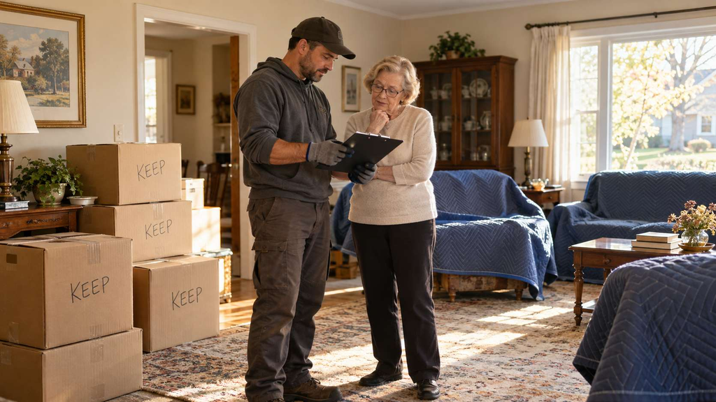 Worker reviewing a clipboard with a homeowner while sorting belongings during an estate cleanout in Monmouth County, NJ