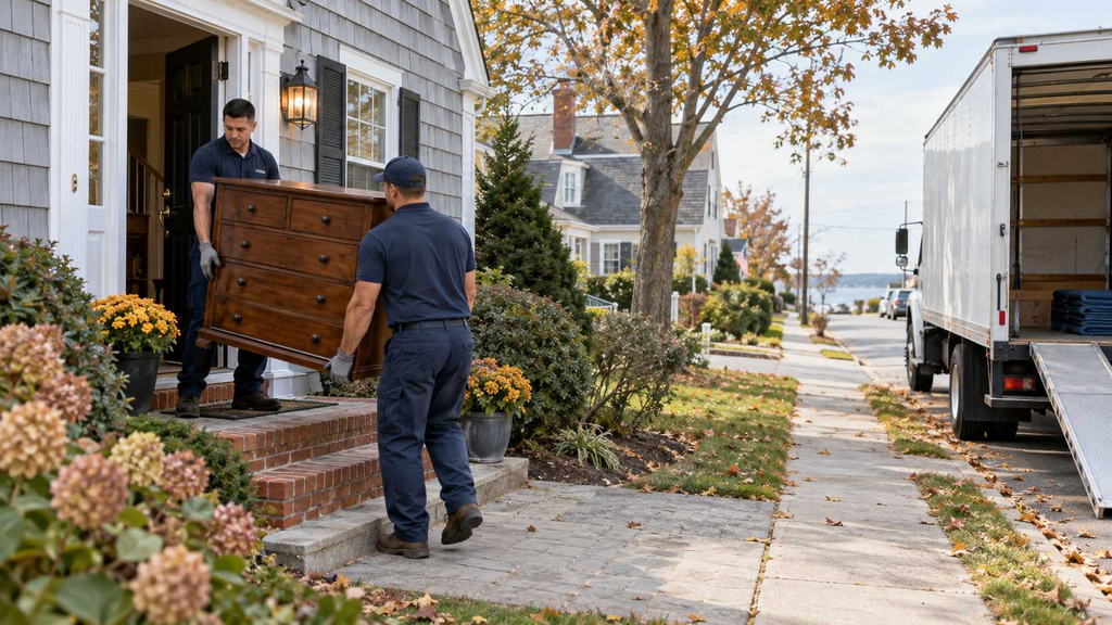Junk removal crew carrying a dresser out of a home during an estate cleanout in Ocean County, NJ